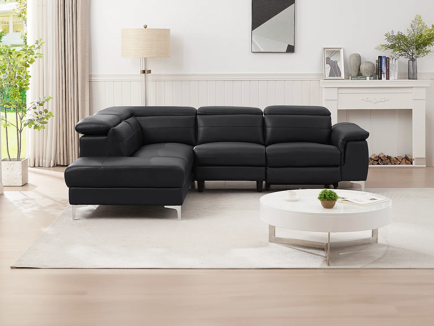 Vänstervänd hörnsoffa med elektrisk lutningsfunktion i svart läder FUSINO
