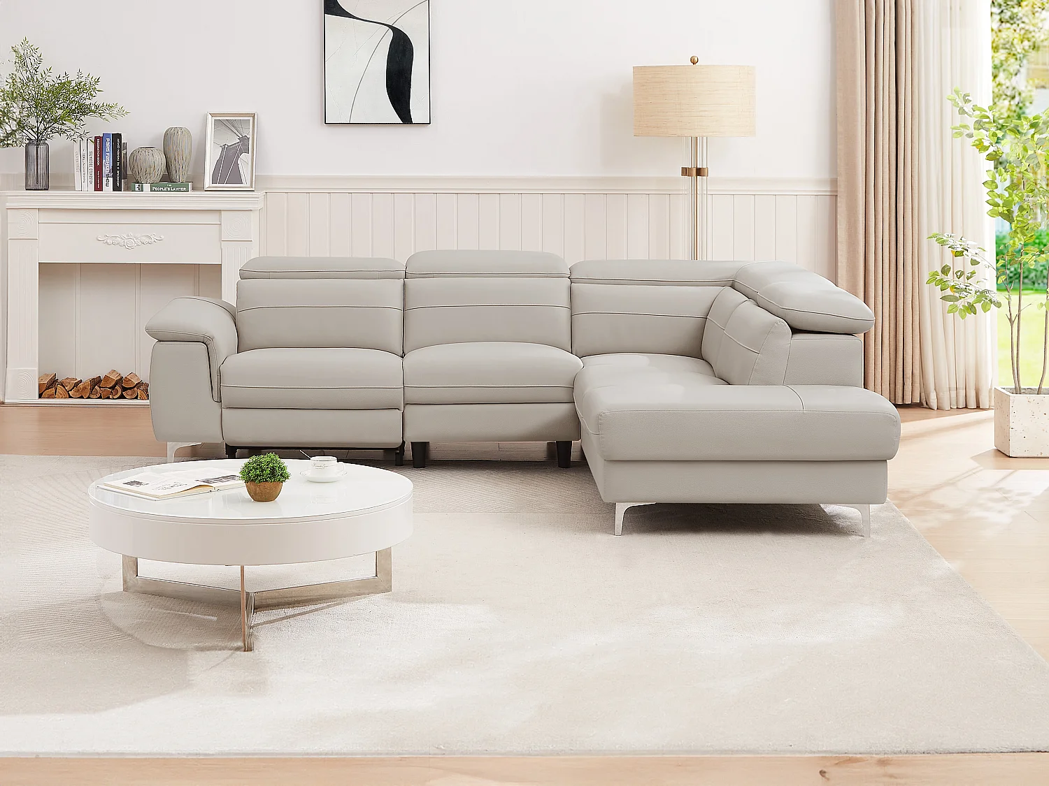 Elektriskt justerbar hörnsoffa i ljusgrått läder FUSINO (höger)