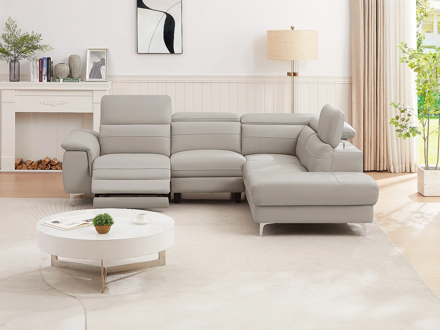 Elektriskt justerbar hörnsoffa i ljusgrått läder FUSINO (höger)