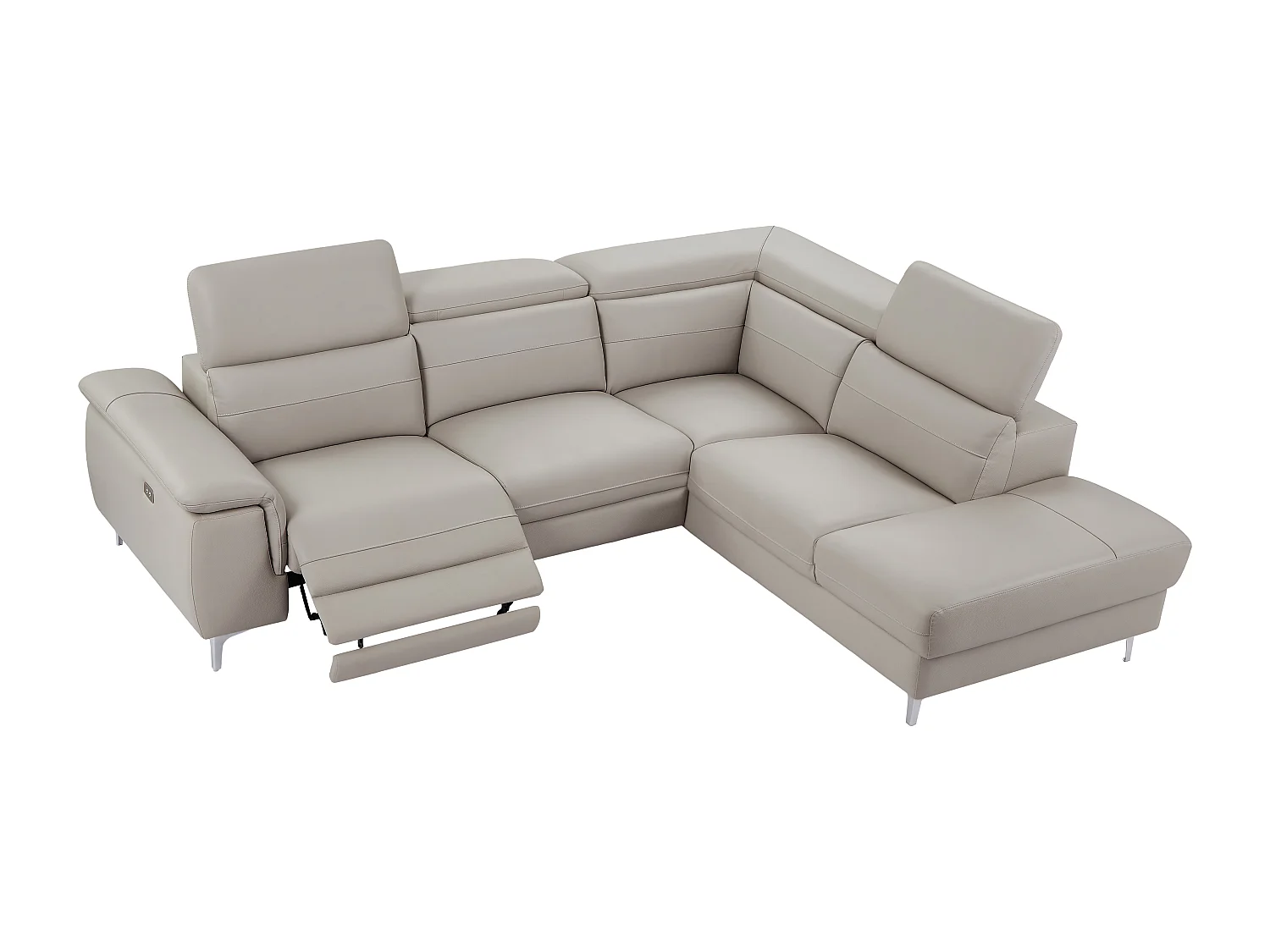 Elektriskt justerbar hörnsoffa i ljusgrått läder FUSINO (höger)