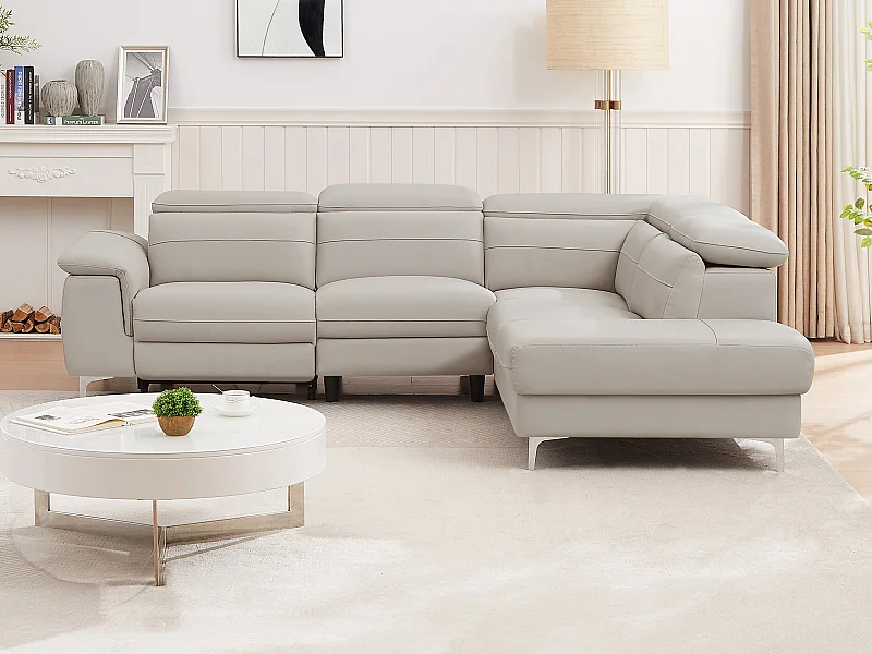 Elektriskt justerbar hörnsoffa i ljusgrått läder FUSINO (höger)