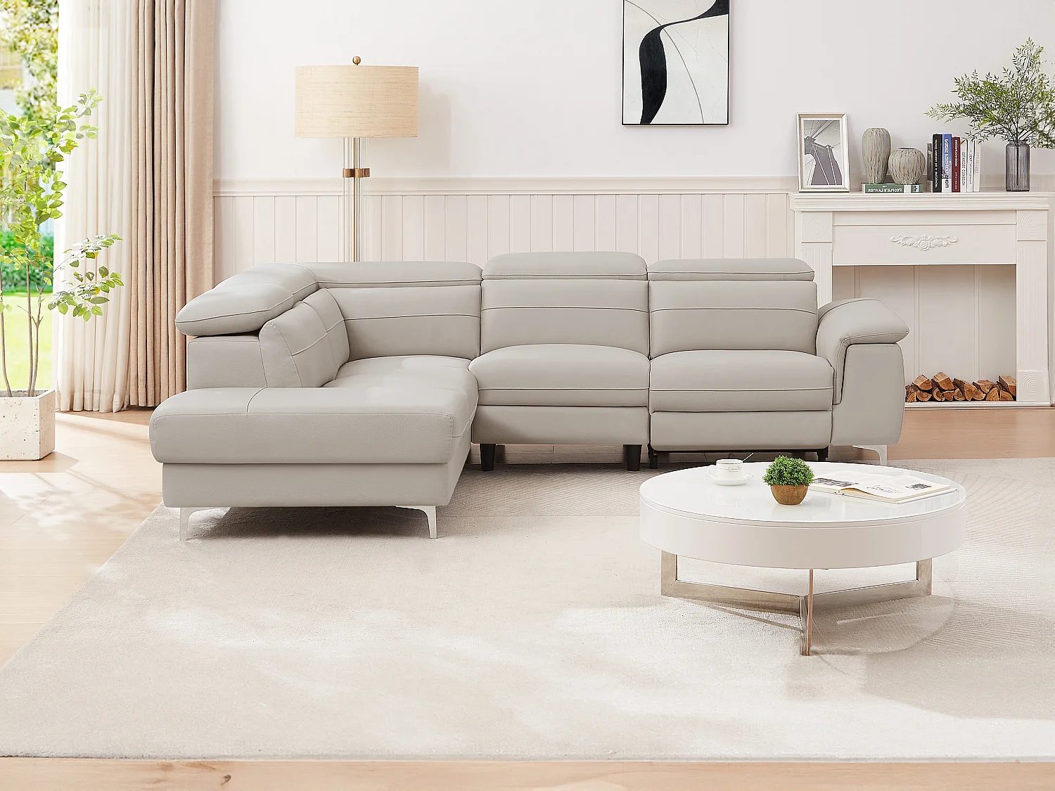 Vänstervänd hörnssoffa med elektrisk lutningsfunktion i ljusgrått läder FUSINO