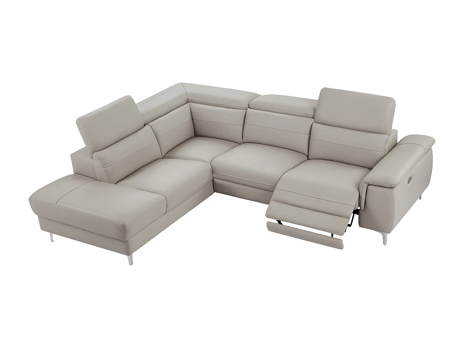 Vänstervänd hörnssoffa med elektrisk lutningsfunktion i ljusgrått läder FUSINO
