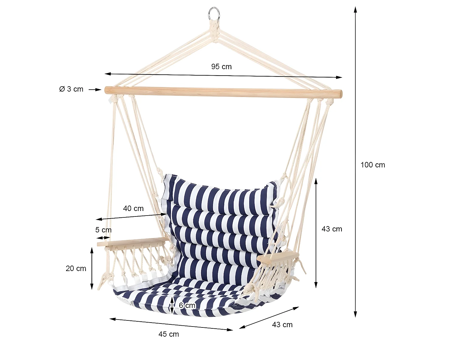 Chaise suspendue fauteuil hamac balançoire bleu blanc 120 kg avec support métal