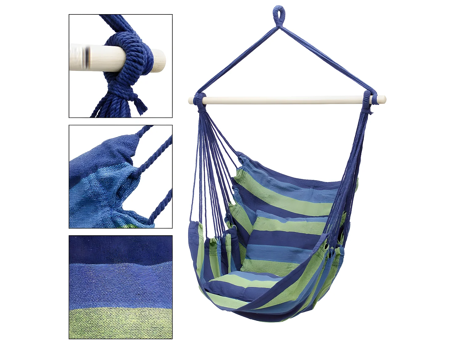 Hamac suspendu balançoire jardin siège coton bleu/vert 120cm extérieur intérieur