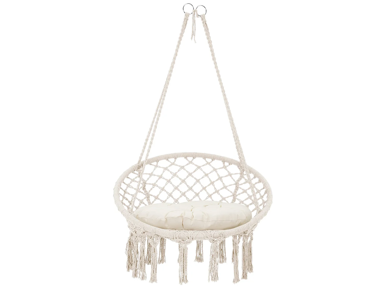 Fauteuil suspendu à franges avec coussin de siège macramé balançoire beige coton
