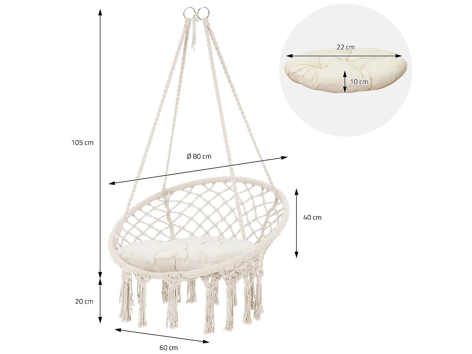 Fauteuil suspendu à franges avec coussin de siège macramé balançoire beige coton