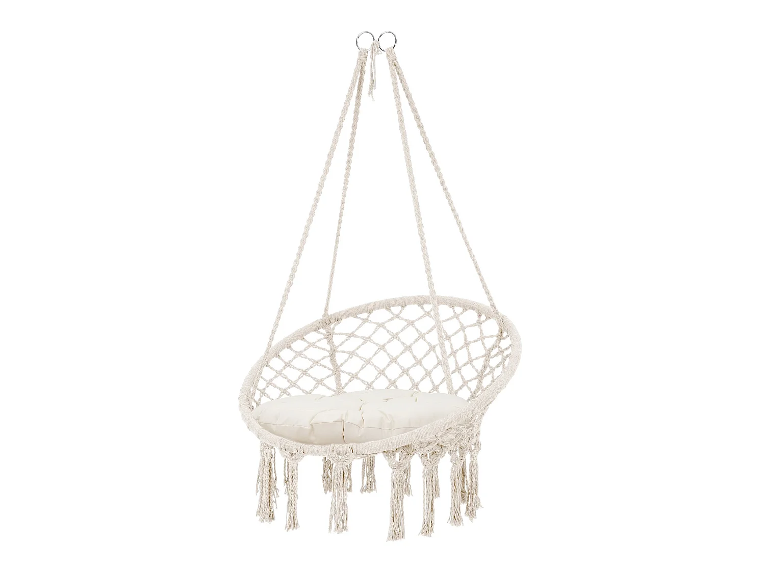 Fauteuil suspendu à franges avec coussin de siège macramé balançoire beige coton