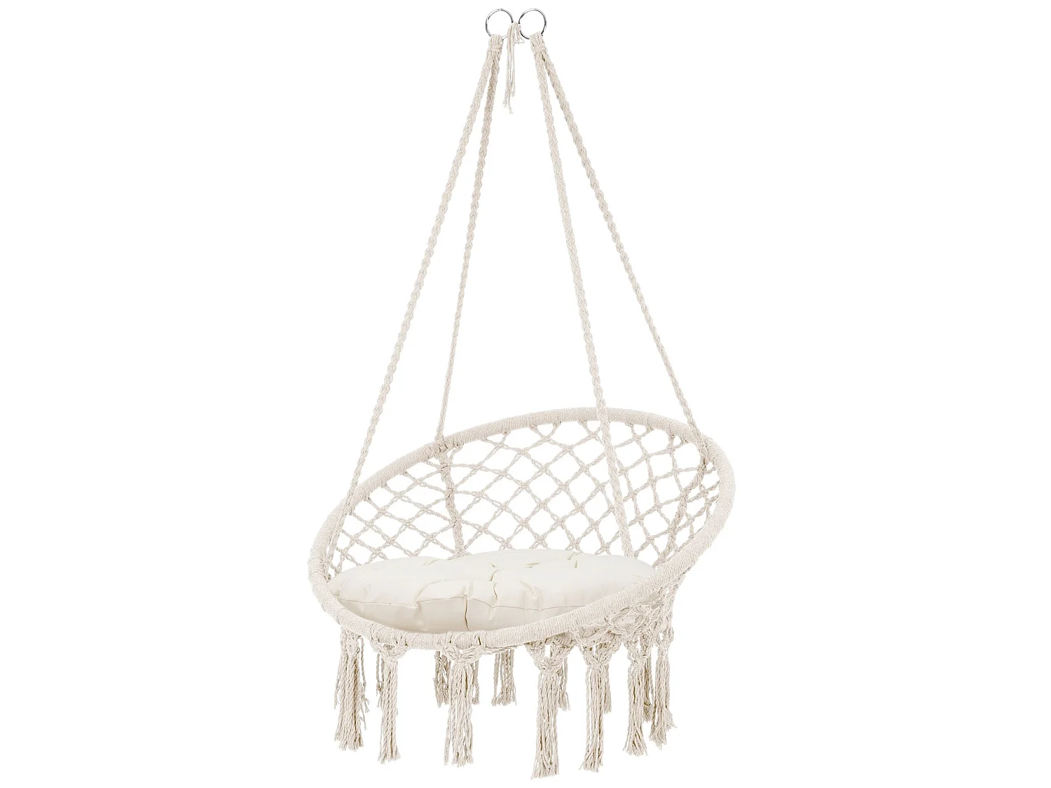 Fauteuil suspendu à franges avec coussin de siège macramé balançoire beige coton