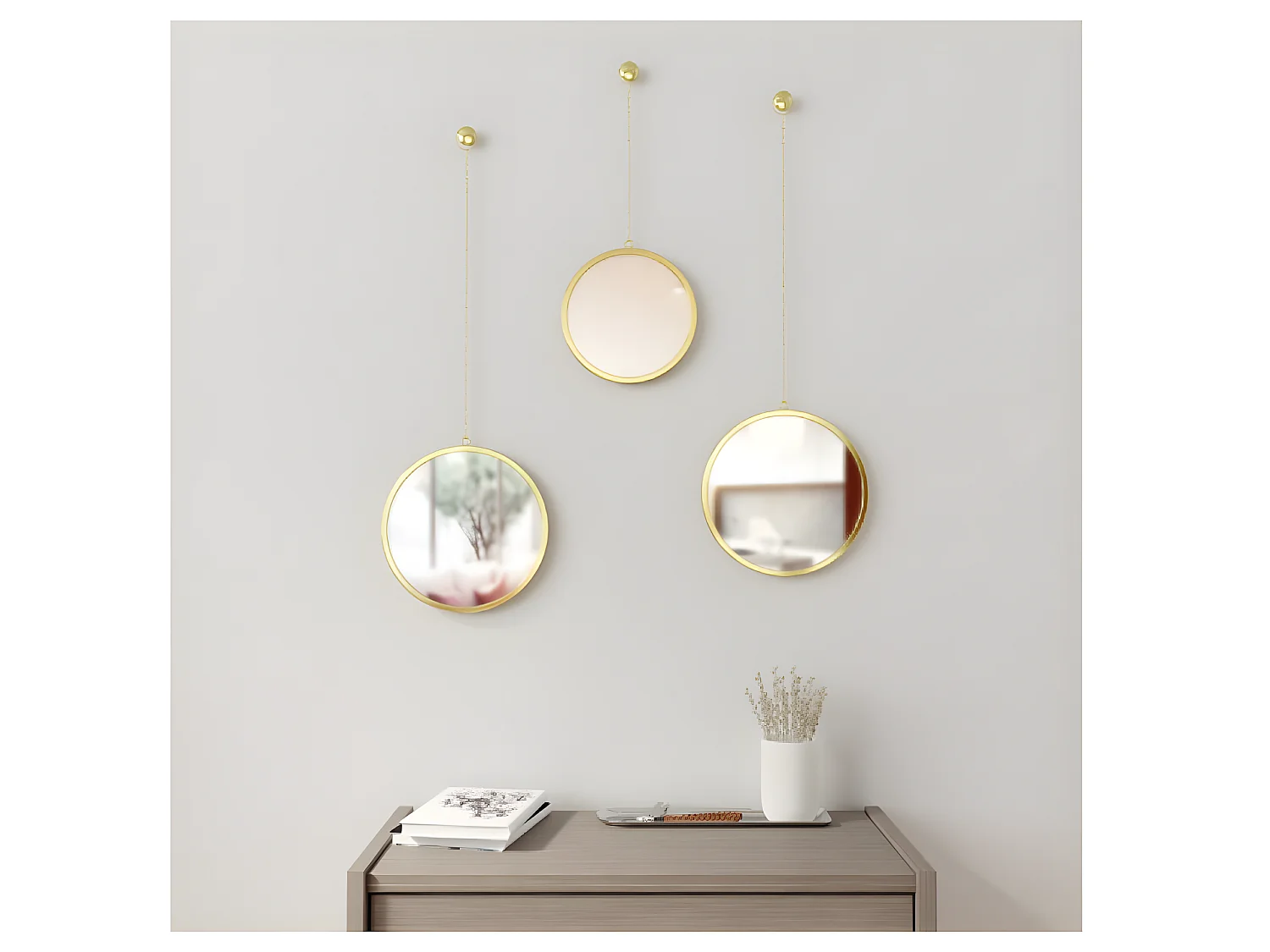 Jeu de 3 miroirs ronds suspendus métal doré Dima