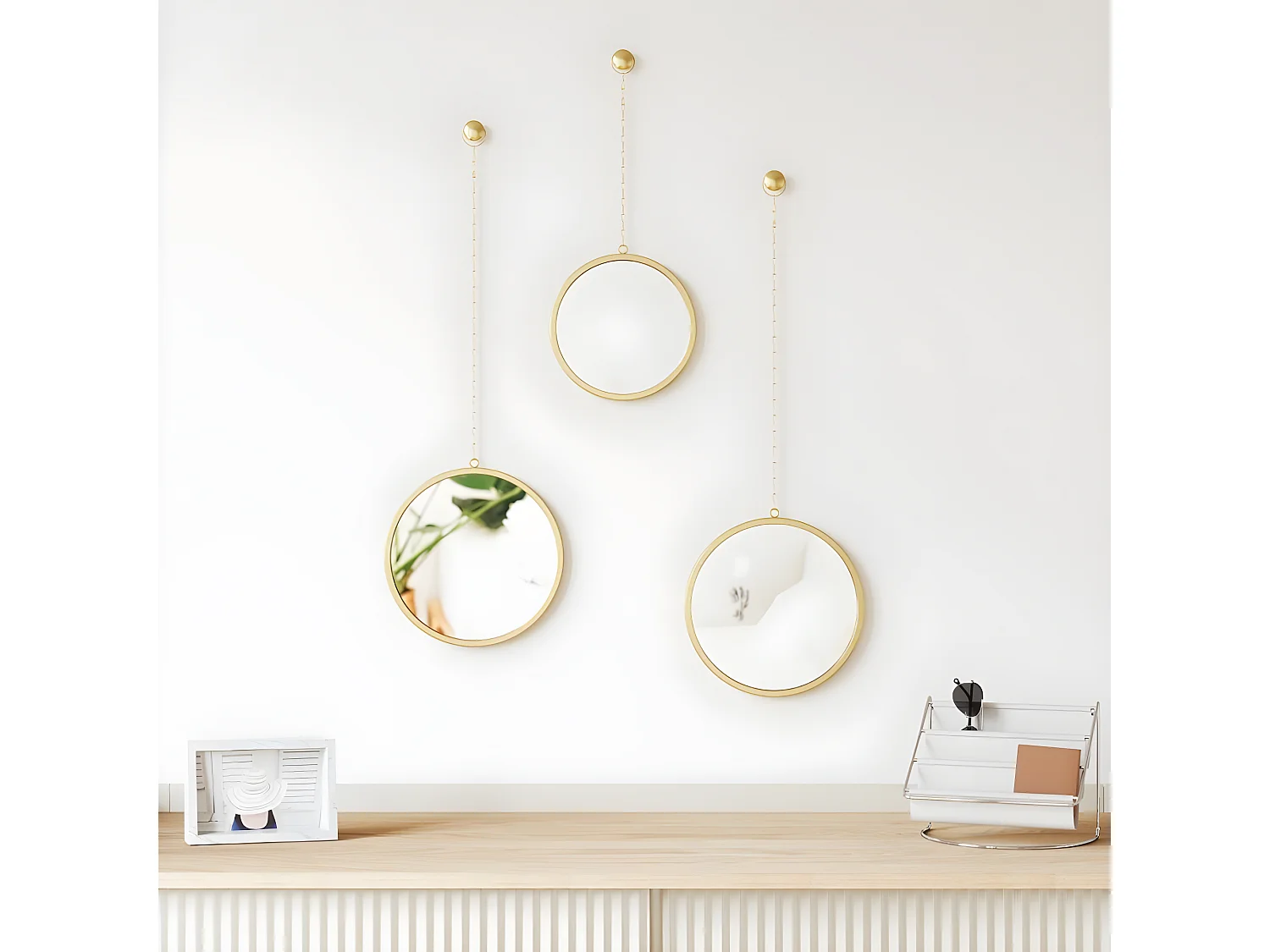 Jeu de 3 miroirs ronds suspendus métal doré Dima