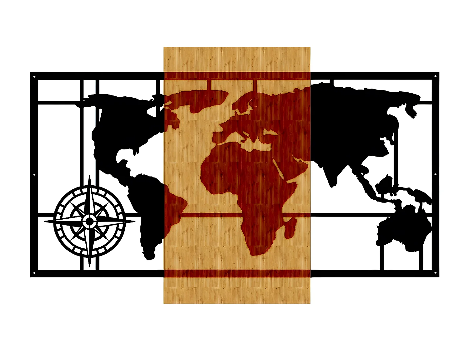 Metalen en Houten Decoratie Wereldkaart 6 - Hout - 80x1,8x50 cm - EPIKASA