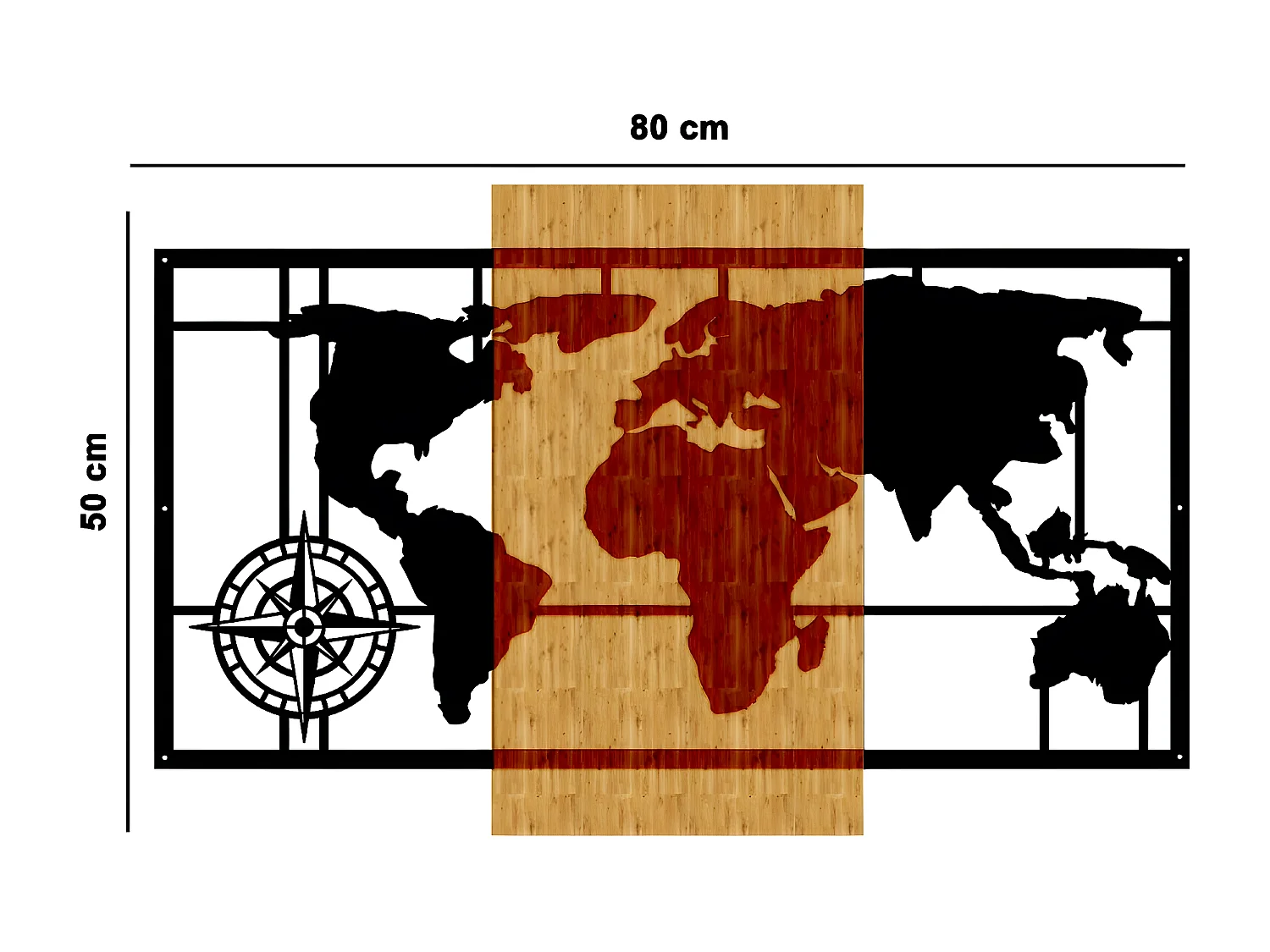 Metalen en Houten Decoratie Wereldkaart 6 - Hout - 80x1,8x50 cm - EPIKASA