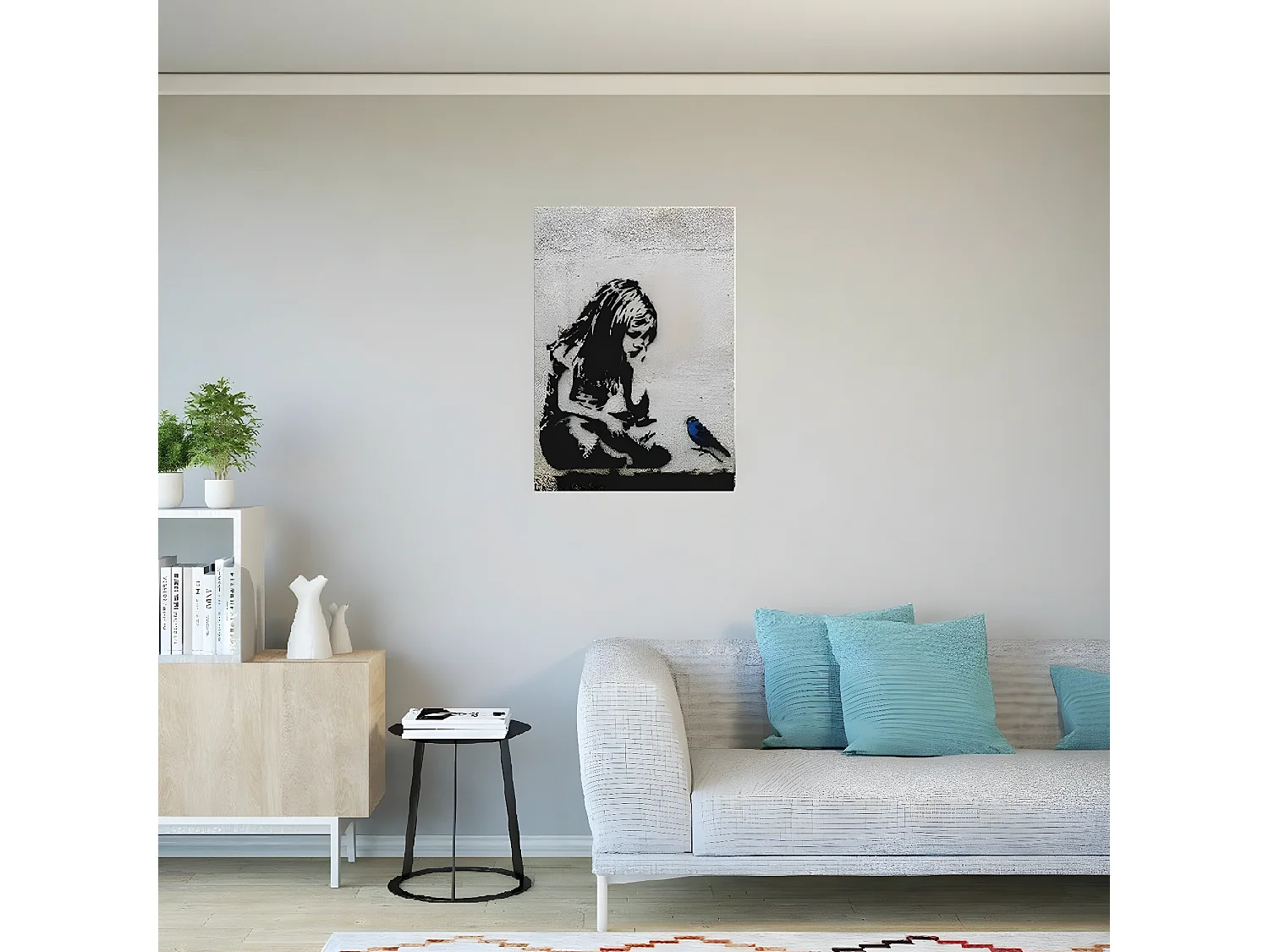 Wydruk na Płótnie Banksy Mała Dziewczynka z Niebieskim Ptakiem, Szary, 70x3x100 cm, EPIKASA