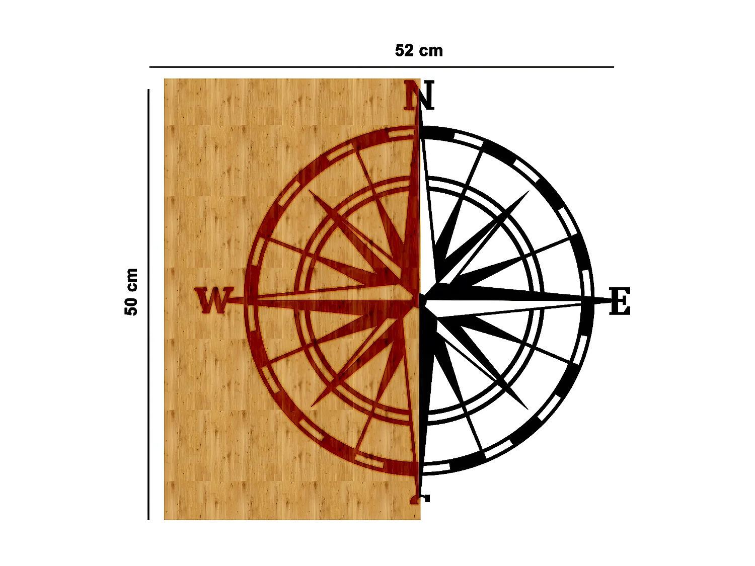 Dekoracja z Metalu i Drewna Róża wiatrów 1, Drewno, 52x1,8x50 cm, EPIKASA