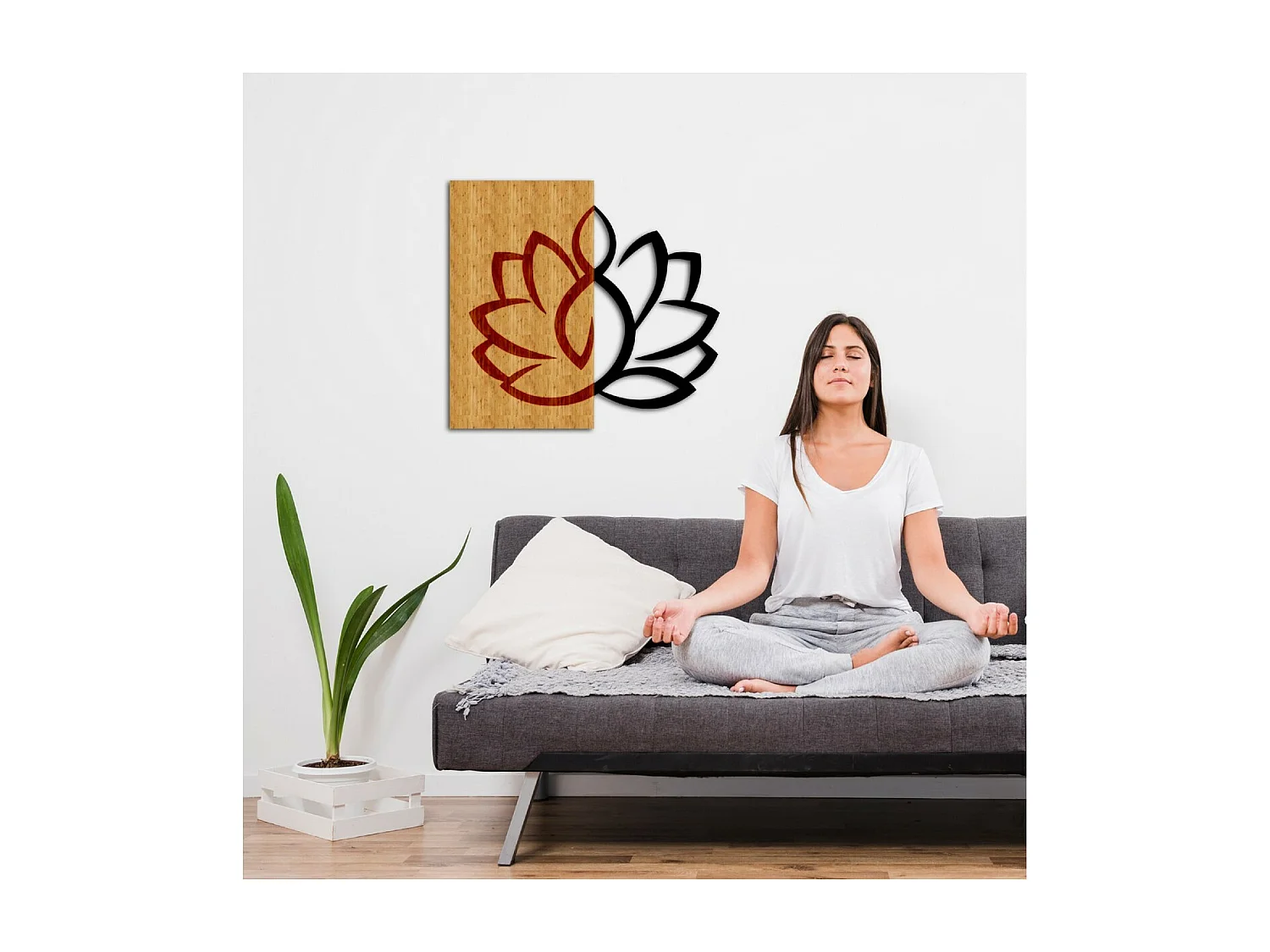 Decoração em Metal e Madeira Flor de Lótus 5, Madeira, 55x1,8x50 cm, EPIKASA