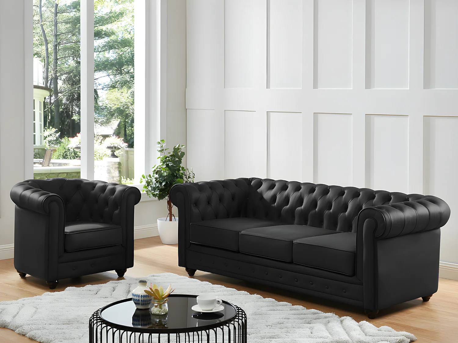 Canapé 3 places et fauteuil en cuir de buffle CHESTERFIELD - Noir
