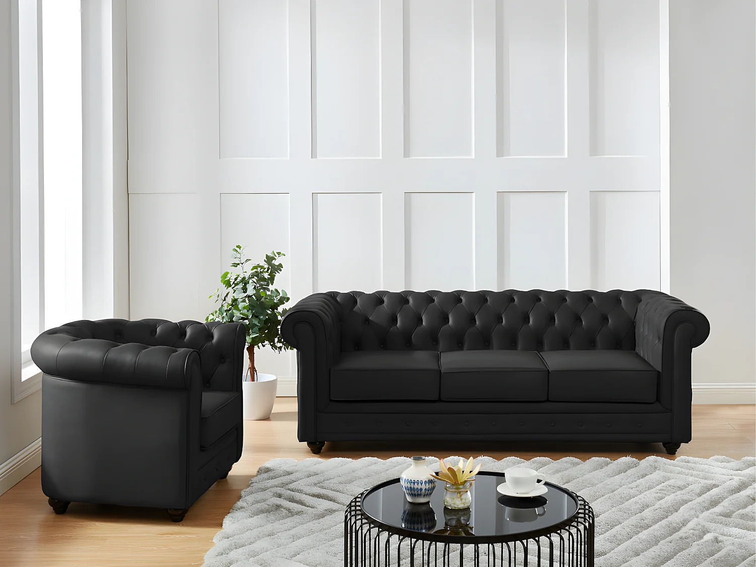 Canapé 3 places et fauteuil en cuir de buffle CHESTERFIELD - Noir