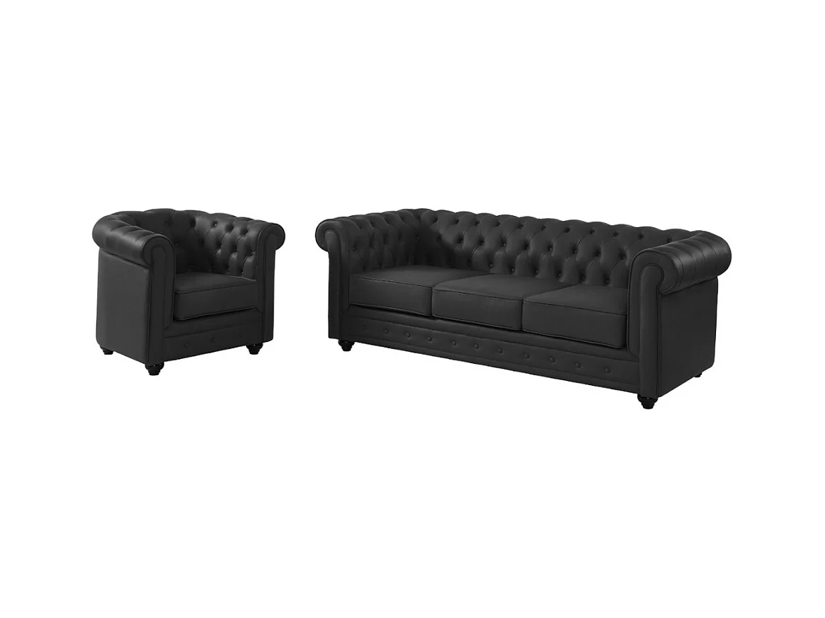 Canapé 3 places et fauteuil en cuir de buffle CHESTERFIELD - Noir