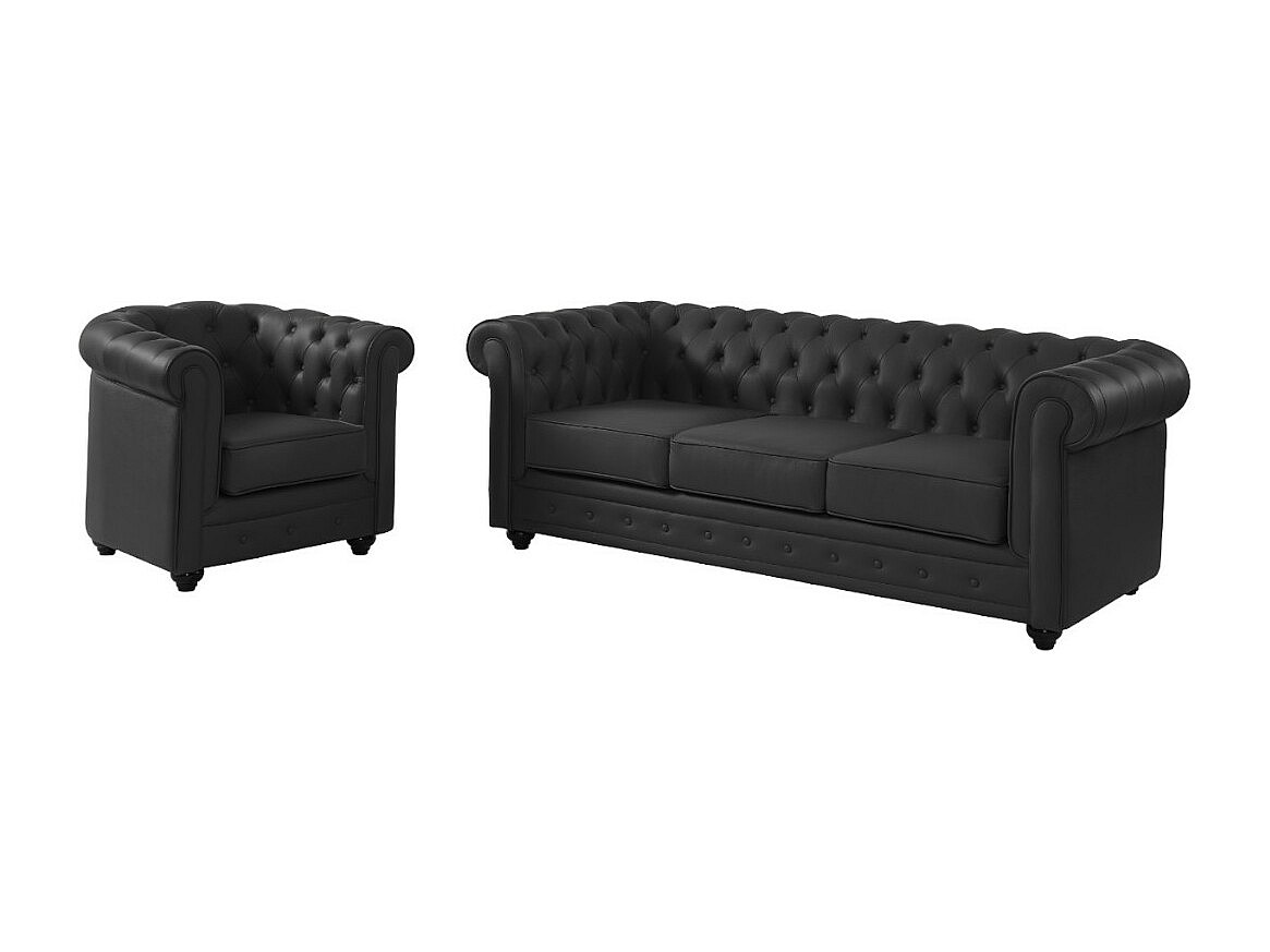 Ledersofa 3-Sitzer + Ledersessel - Büffelleder - Schwarz - CHESTERFIELD günstig online kaufen