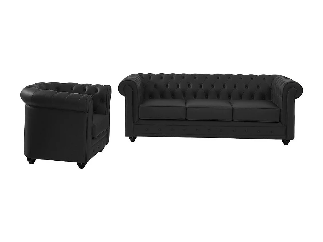 Ledersofa 3-Sitzer + Ledersessel - Büffelleder - Schwarz - CHESTERFIELD