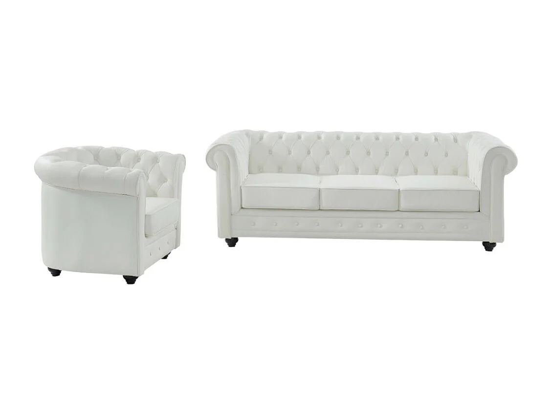 Sofá de 3 lugares e poltrona em pele de búfalo - Branco - CHESTERFIELD