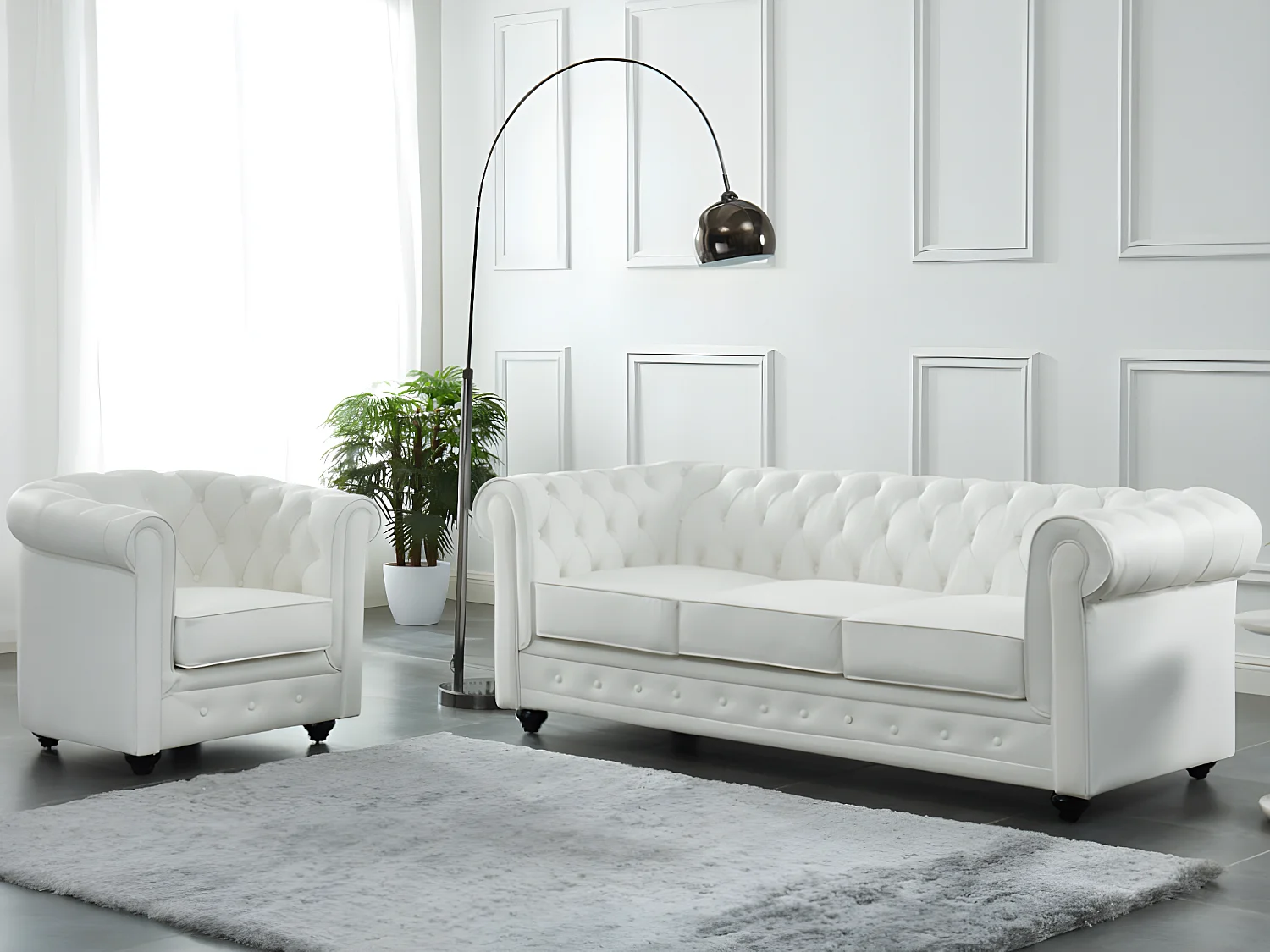 Canapé 3 places et fauteuil en cuir de buffle CHESTERFIELD - Blanc