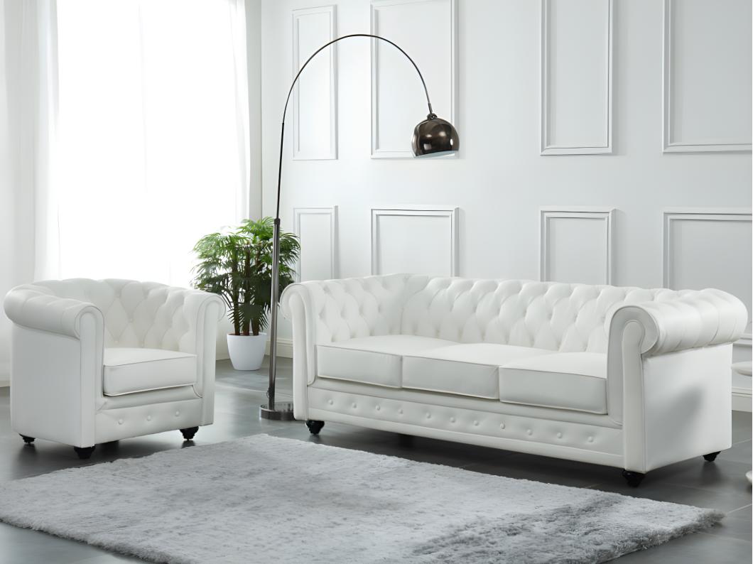 Ledersofa 3-Sitzer + Ledersessel - Büffelleder - Weiß - CHESTERFIELD