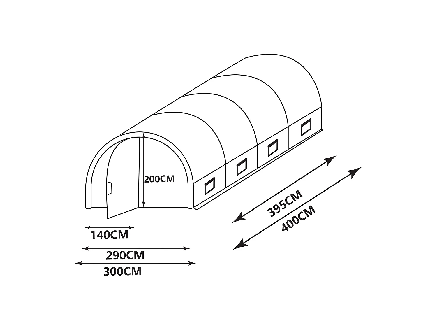 Tunnelkas met structuur van staal en deur 12 m² - L300 x B400 x H200 cm - ALOCASIA