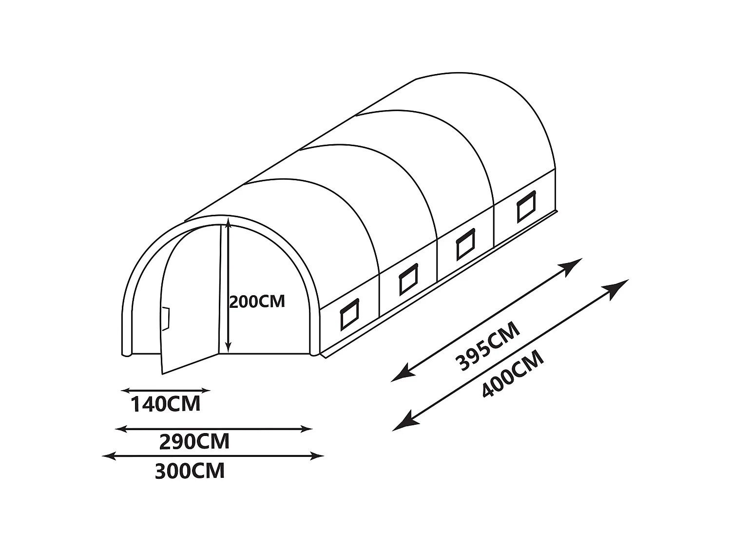Tunneldrivhus med stålstruktur og dør 12 m² - L300 x B400 x H200 cm - Hvit - ALOCASIA