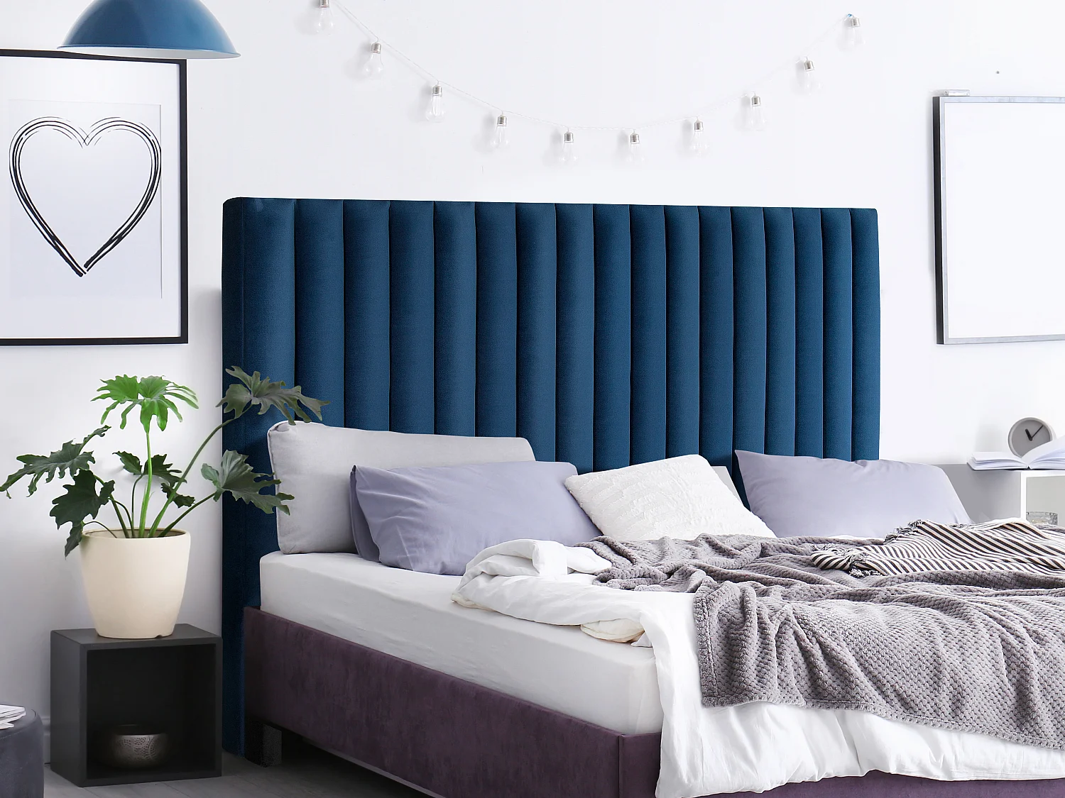 Tête de lit coutures verticales SARAH - 170 cm - Velours - Bleu nuit