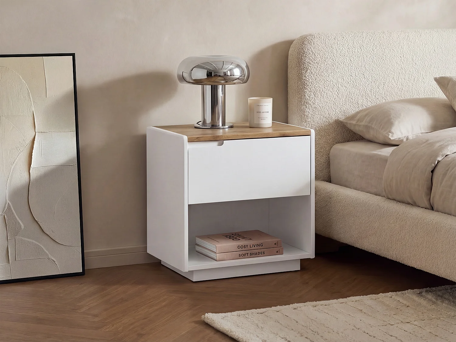 Mesa de cabeceira com 1 gaveta e 1 nicho em MDF lacado a branco e cor carvalho - AMANI