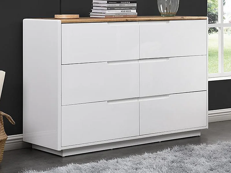 Cómoda com 6 gavetas em MDF lacado a branco e cor carvalho - AMANI