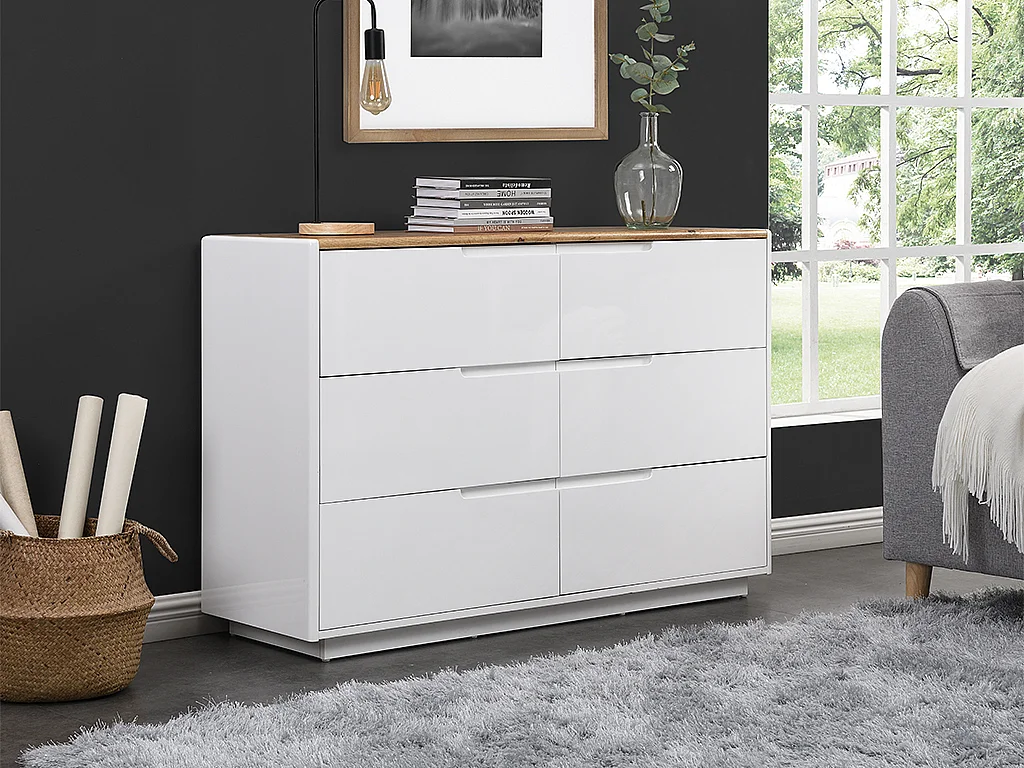 Commode AMANI - 6 tiroirs - MDF - Blanc laqué et Chêne