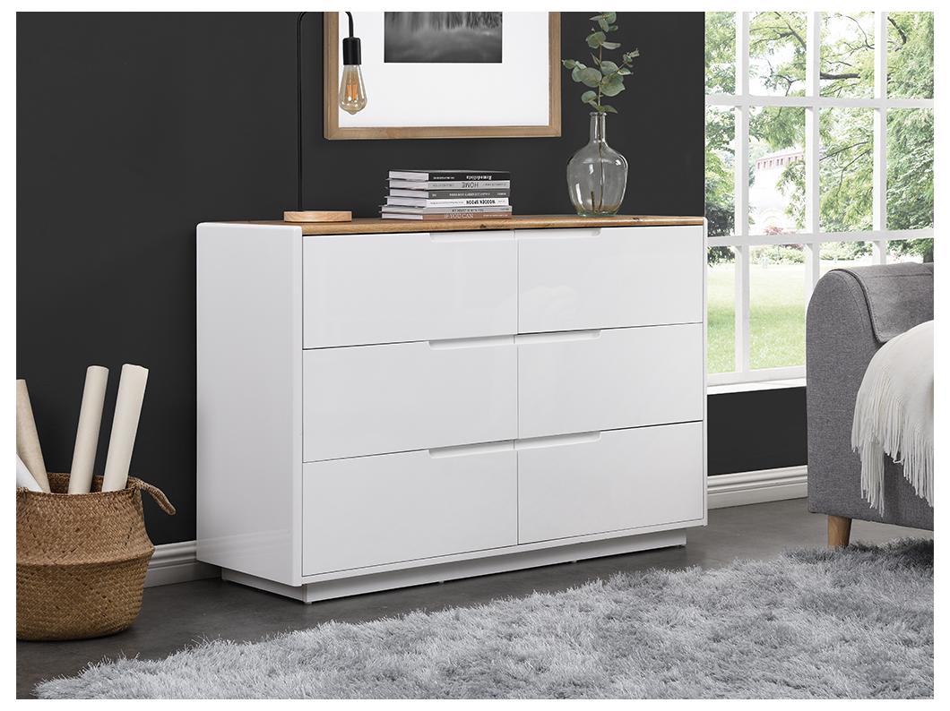Commode AMANI - 6 tiroirs - MDF - Blanc laqué et Chêne