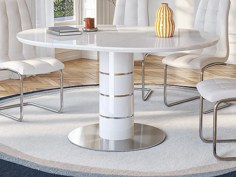 Table à manger extensible - 4 à 6 personnes - MDF et métal inoxydable - Blanc laqué - CUSCO