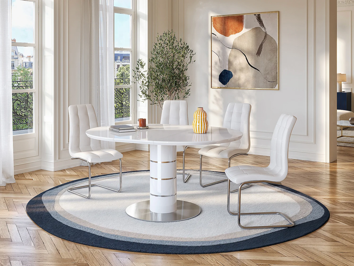 Mesa de jantar extensível com 4 a 6 lugares em MDF e metal inoxidável lacado a branco - CUSCO