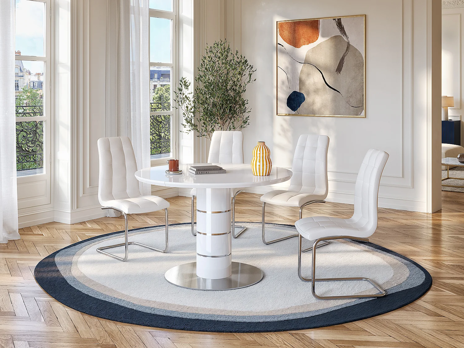 Mesa de jantar extensível com 4 a 6 lugares em MDF e metal inoxidável lacado a branco - CUSCO