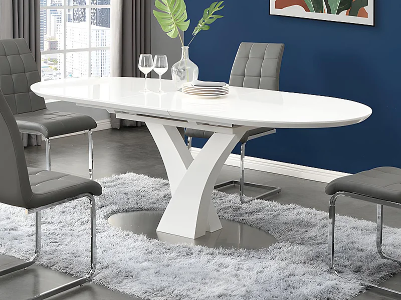 Table à manger extensible - 6 à 8 personnes - MDF et métal inoxydable - Blanc laqué - TALARA