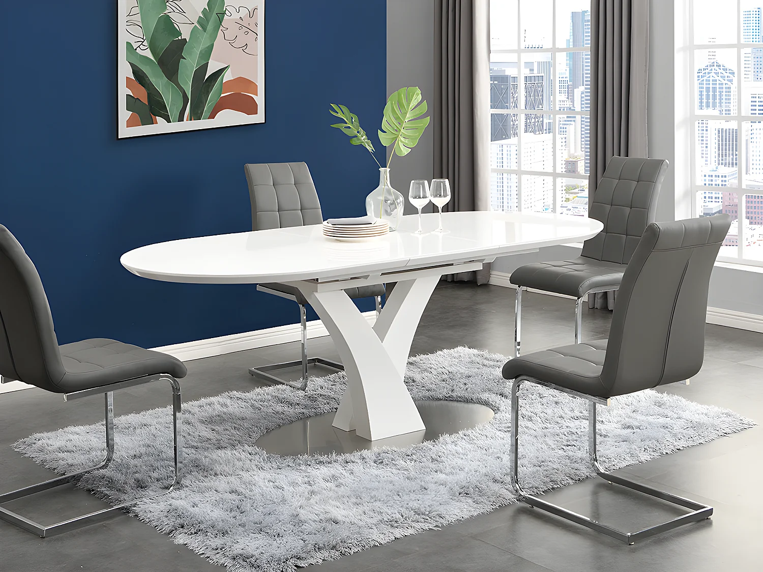 Table à manger extensible - 6 à 8 personnes - MDF et métal inoxydable - Blanc laqué - TALARA