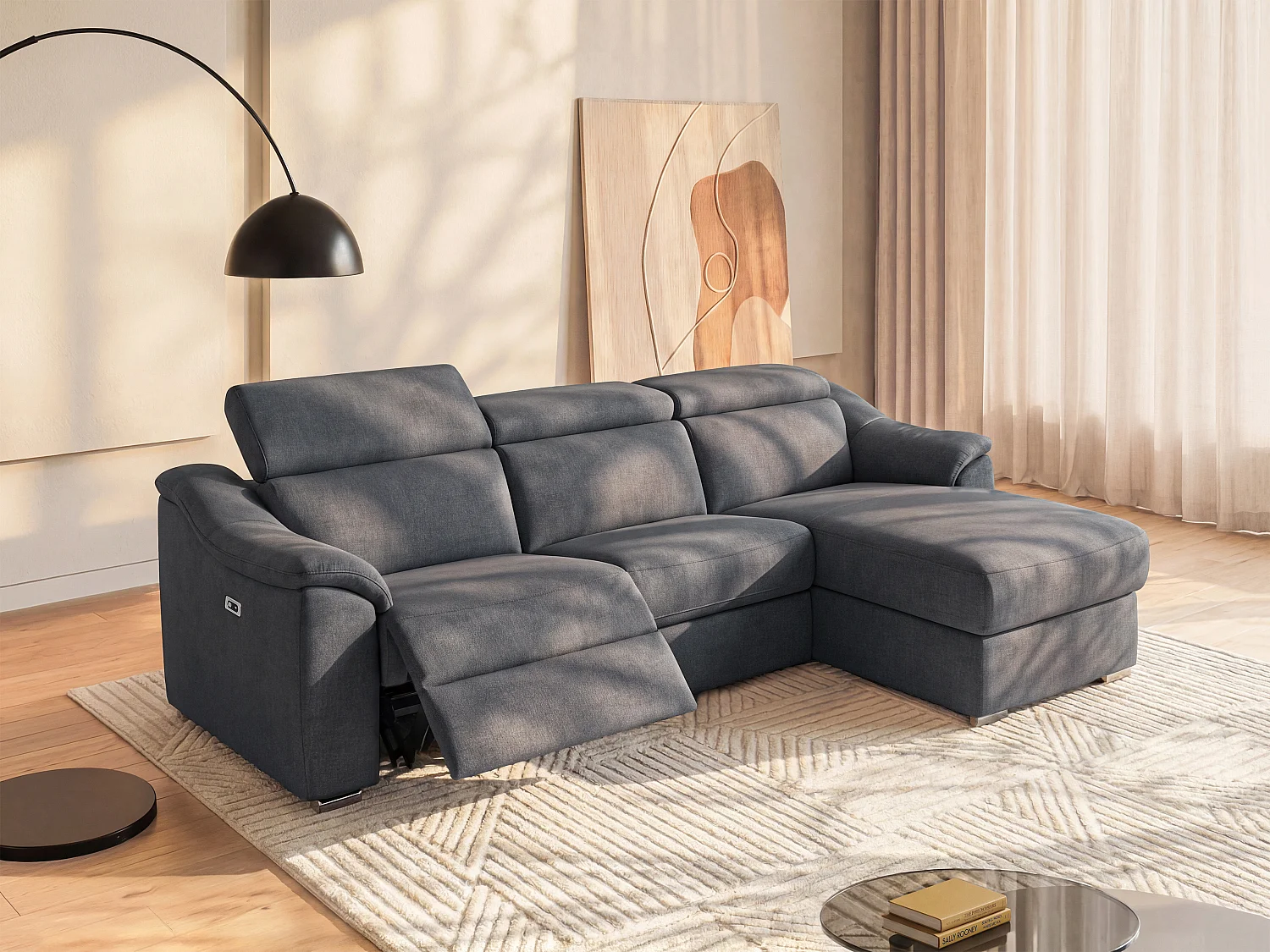 Kanapa narożna PEDRERA z elektryczną funkcją relax z tkaniny w kolorze antracytowym – prawoskrętna