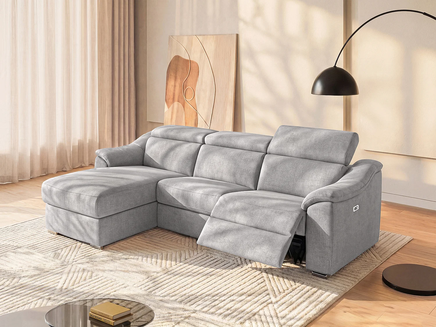 Canapé d'angle relax électrique en tissu gris clair PEDRERA - Angle gauche