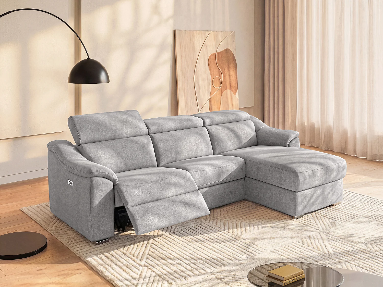 Sofá rinconera relax de tela gris claro PEDRERA - Ángulo derecho