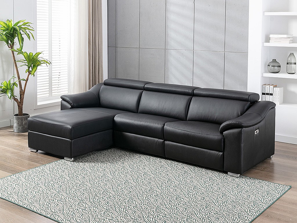 Vente-unique Ecksofa Relaxsofa Elektrisch - Oberleder - Schwarz - Ecke Links - Pedrera