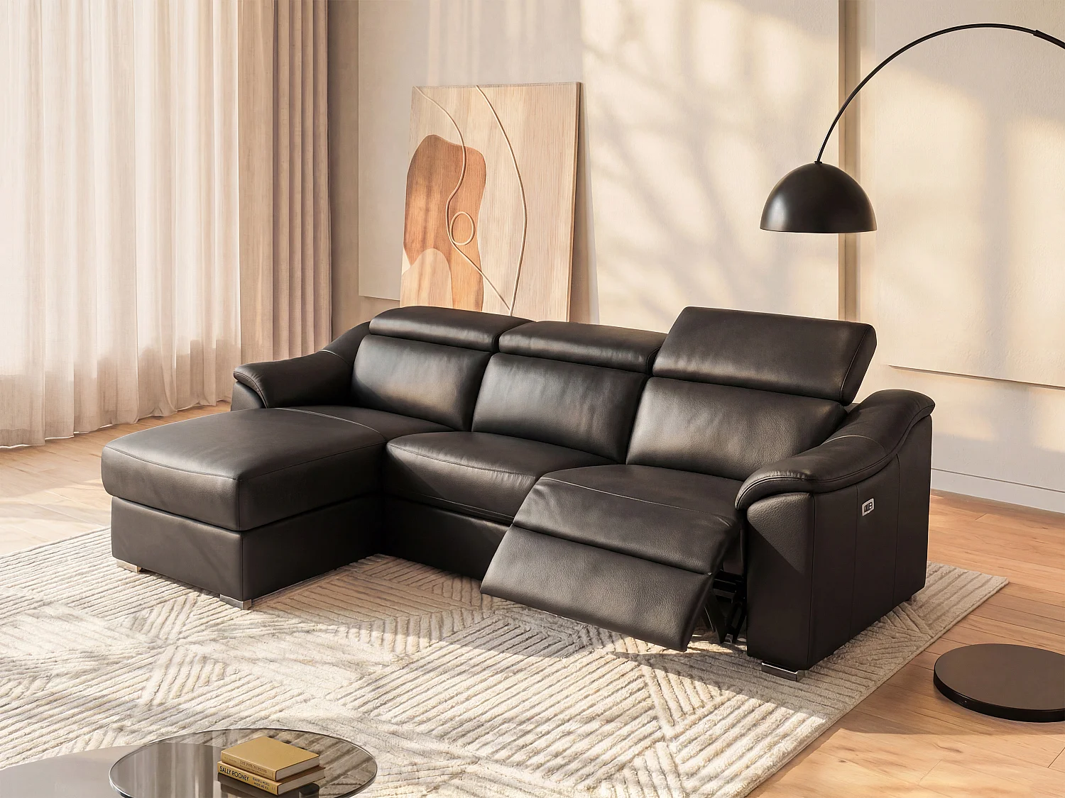 Canapé d'angle relax électrique en cuir  supérieur noir PEDRERA - Angle gauche