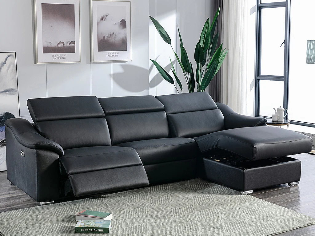 Ecksofa Relaxsofa elektrisch - Oberleder - Schwarz - Ecke rechts - PEDRERA