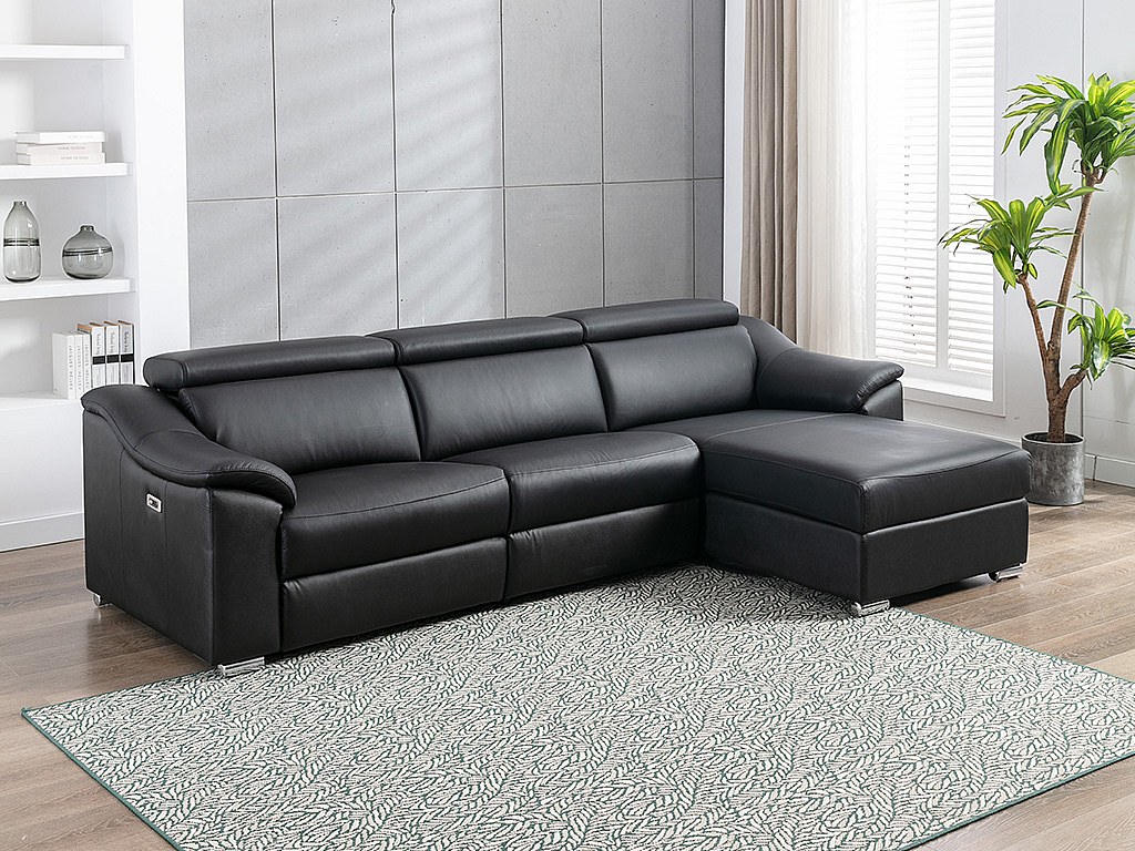 Vente-unique Ecksofa Relaxsofa Elektrisch - Oberleder - Schwarz - Ecke Rechts - Pedrera