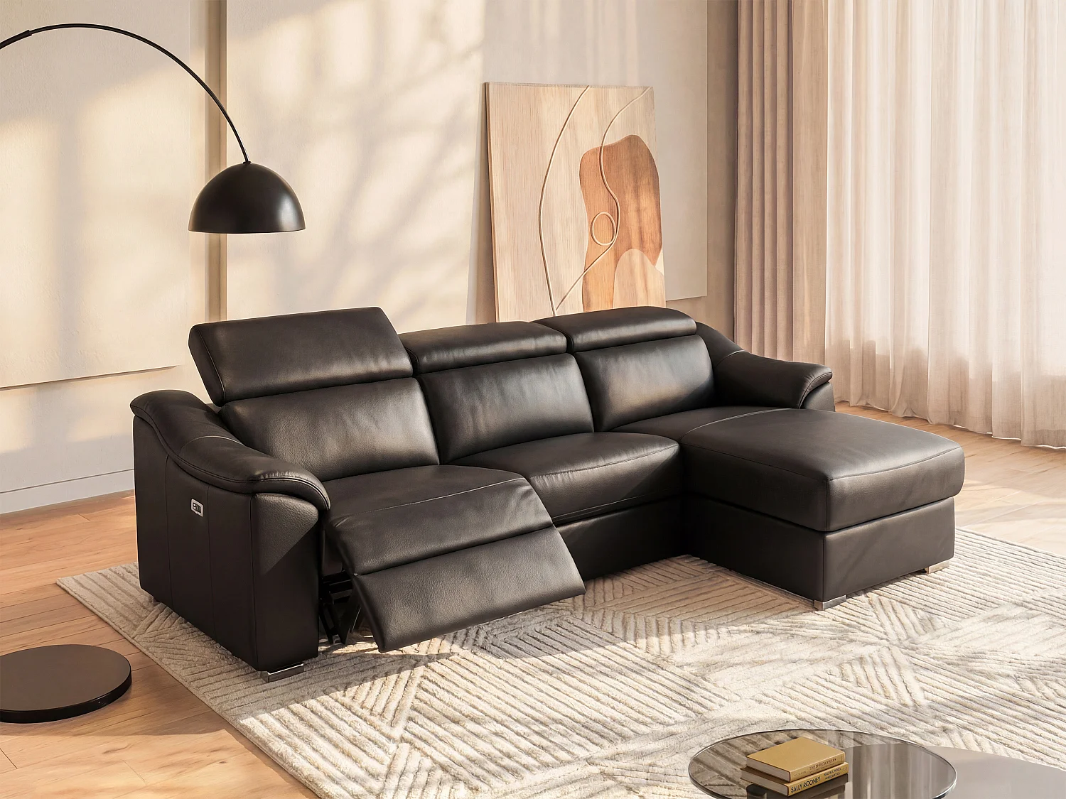 Sofá de canto direito articulado elétrico em pele superior cor preto - PEDRERA