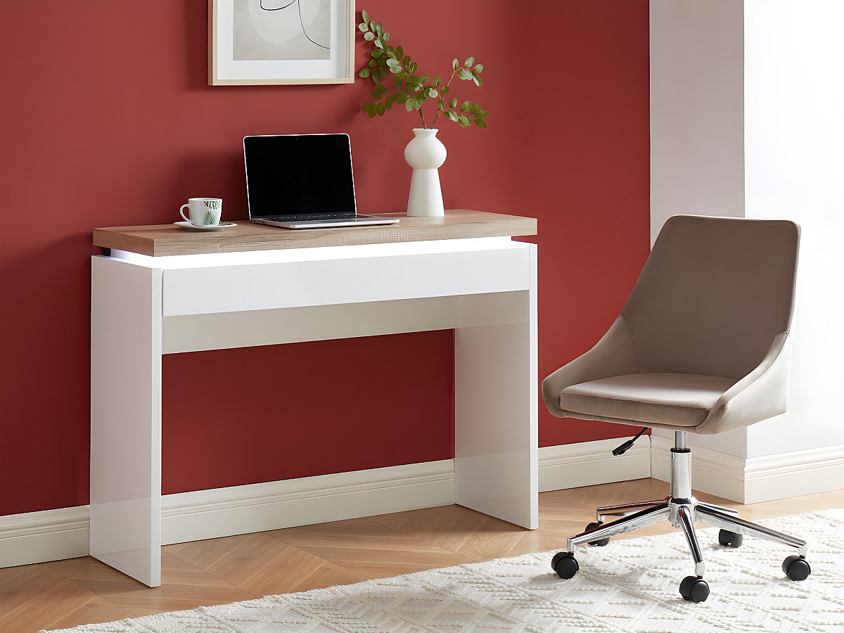 Consola secretária 1 gaveta MDF lacado com LEDs branco e carvalho HALO