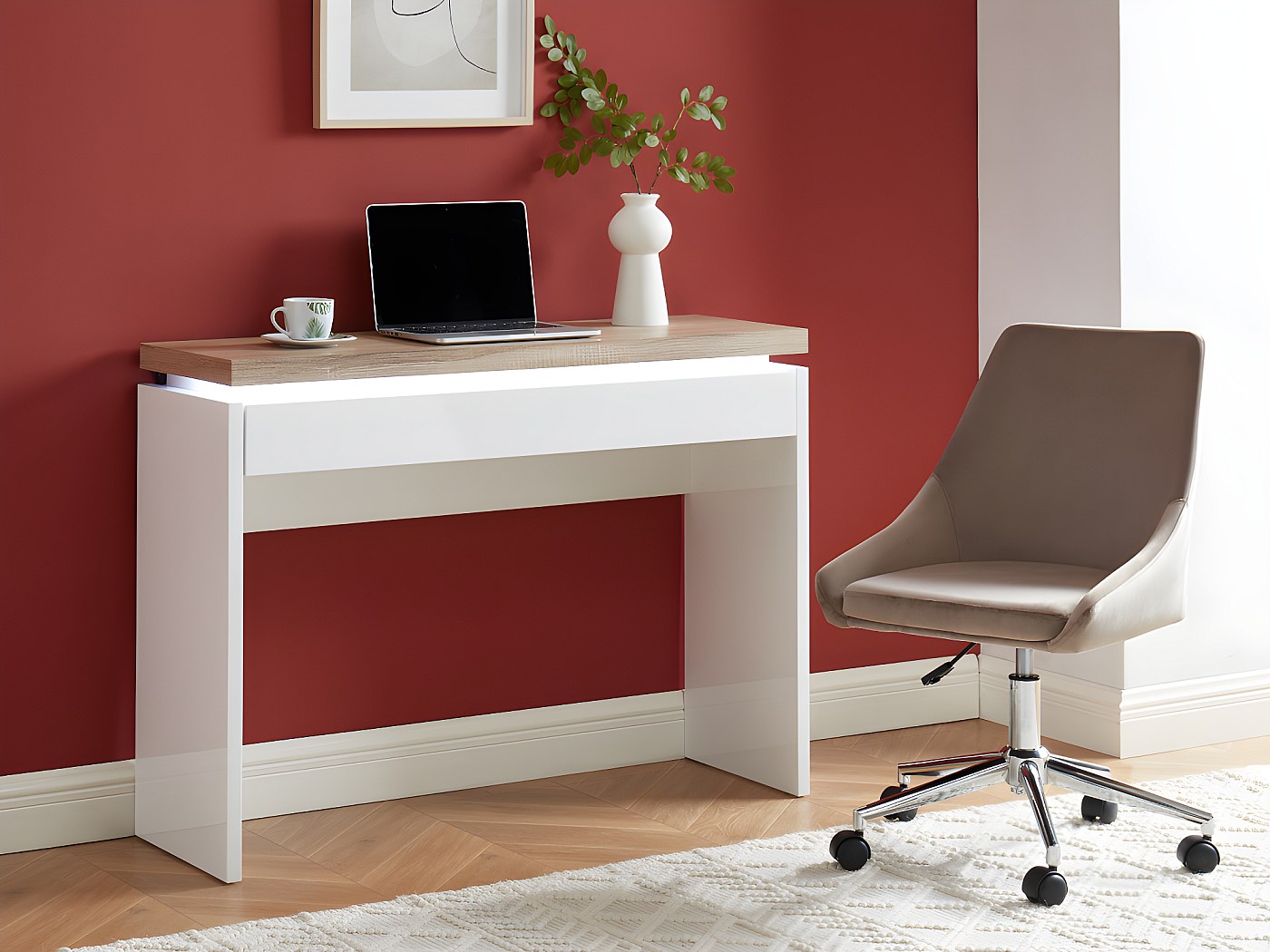 Consola escritorio 1 cajón MDF lacado con LEDs blanco y roble HALO